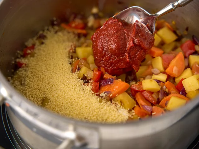 Добавьте к овощам томатный и соевый соус. Всыпьте кускус, посолите и как следует размешайте.