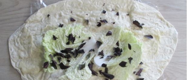 Первым слоем после соуса выложите листья пекинской капусты (можно предварительно нарвать) и любую свежую зелень.