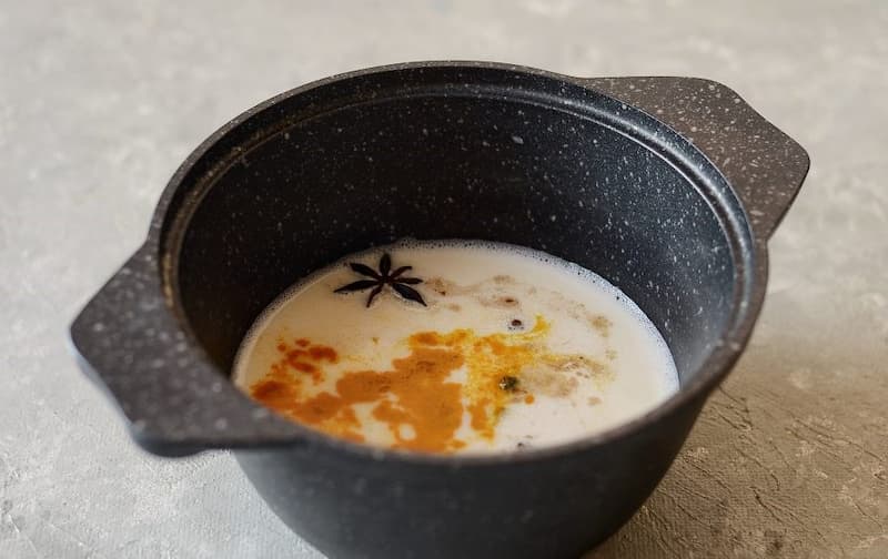 Добавляем в молоко все специи, постоянно помешивая. Оставляем на 5 минут.  Можно добавить разные пряные специи. Я добавляла еще бадьян.